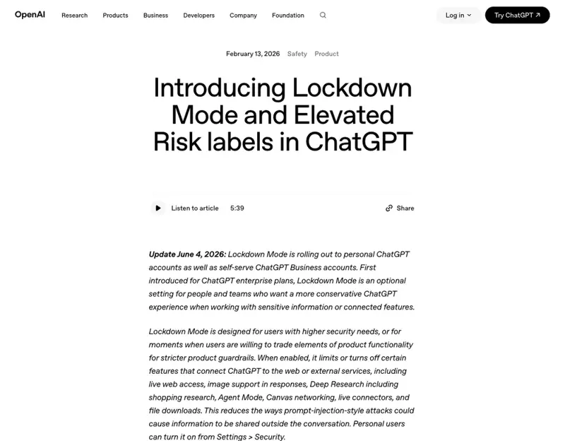 OpenAI’s official announcement introducing Lockdown Mode and Elevated Risk labels in ChatGPT